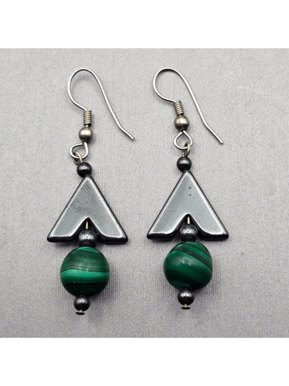 Vintage Malachite Hematite Arrowhead Drop Earrings Sterling Silver Boho Dangle - Picture 2 of 8